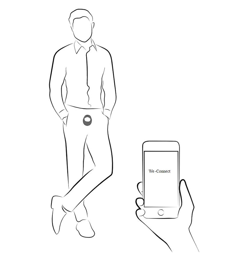 We-Vibe Bond illustration that shows a penis-owner casually standing in their clothes. An X-ray design shows the We-Vibe Bond wrapped around the penis and testicles under their clothing. In the foreground, a person is holding a cell phone that displays the We-Vibe WeConnect app to control the penis vibrator. | Kinkly Shop