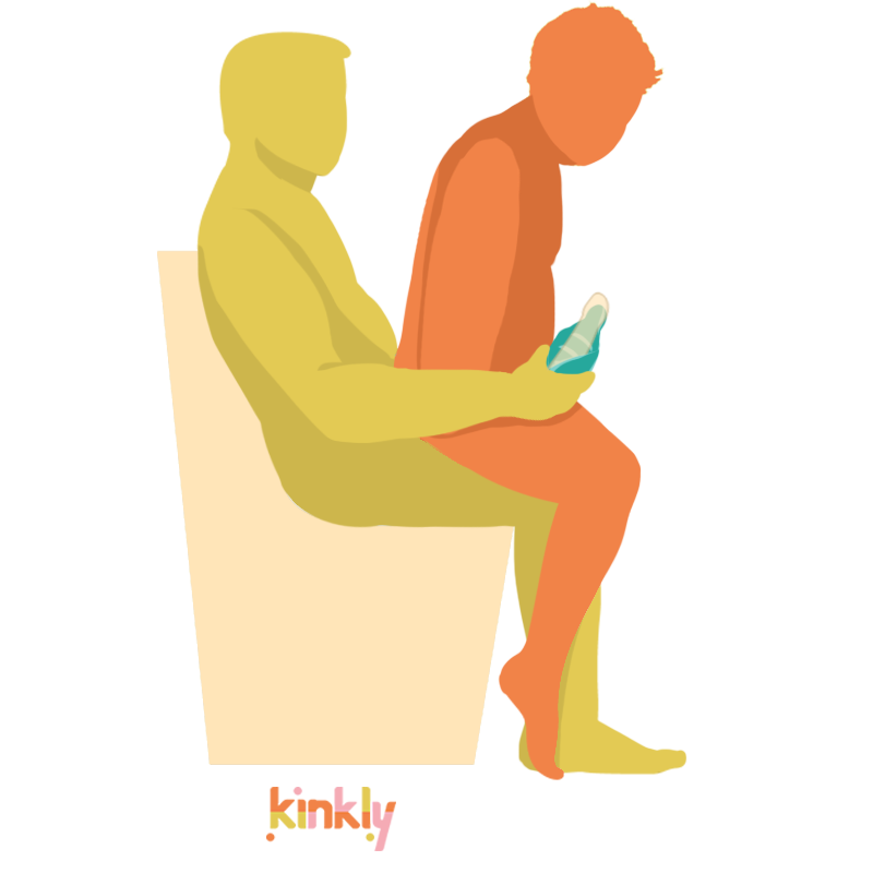 Illustrated sex position showing the receiving partner sitting on top of their partner's lap while their partner sits on a chair. An erection is shown with the Wild Flower Enby 2 wrapped around the penis for easy stroking. | Kinkly Shop