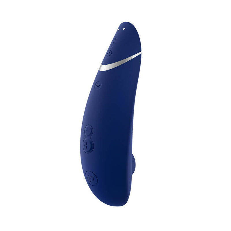 3/4 angle photo of the Womanizer Premium 2 showcases the curvature of the handle. The Womanizer Premium 2 has a curved, yet smooth, handle that makes it easier to grasp and use. | Kinkly Shop