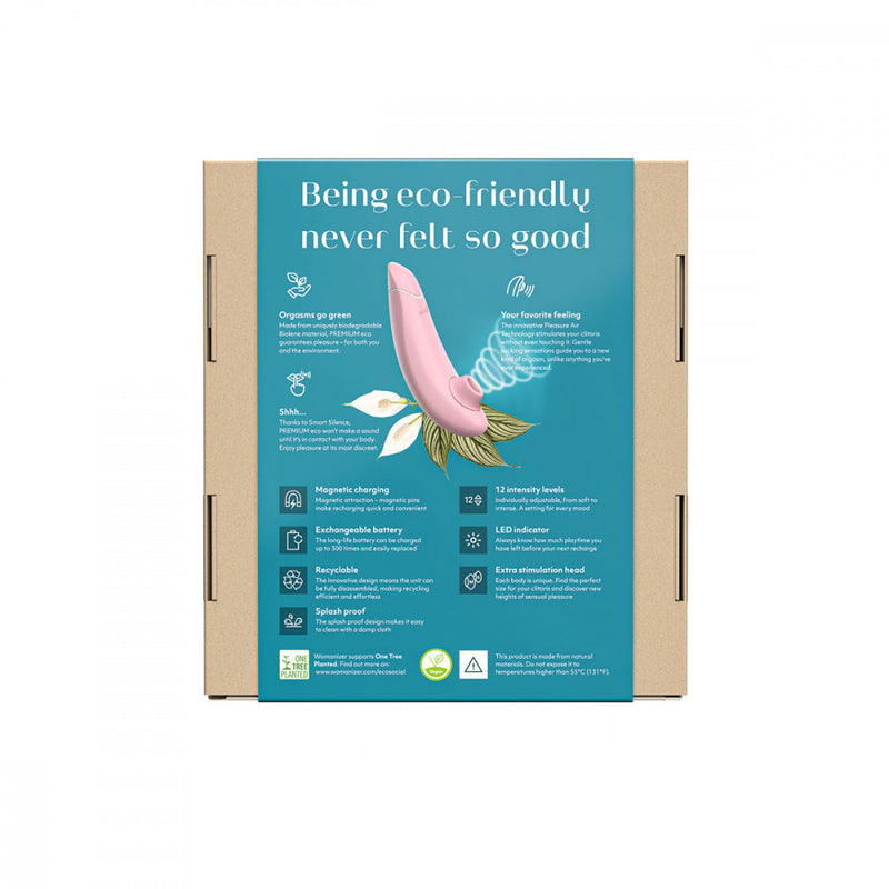 Back-side of the packaging of the Womanizer Premium Eco Friendly Vibrator that shows "Being eco-friendly never felt so good." | Kinkly Shop