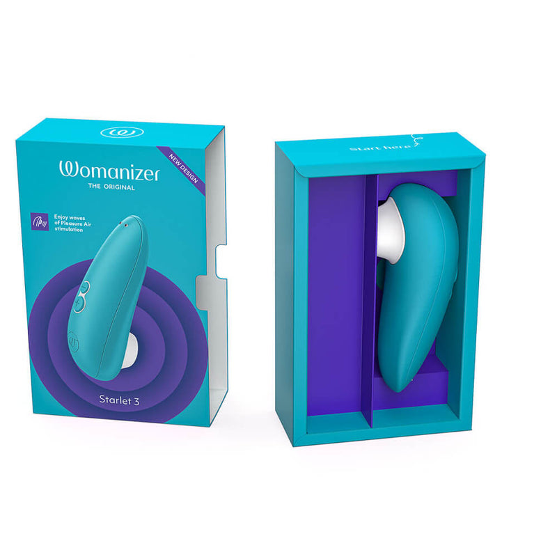 The Womanizer Starlet 3 inside of its packaging. The slipcover for the box has been pulled off, and the image shows how the Womanizer Starlet 3 nestles in its slim packaging. The packaging is very bright and colorful as well as a nice, squared box shape for easy wrapping. | Kinkly Shop