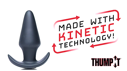 A GIF of the XR Brands Thump-It! Thumping Plug. The plug is shown in front of a plain white background while turned on. Being on makes the plug hop up and down to showcase the same movement it will do while inserted. The text on the GIF states "Made with Kinetic Technology. Thump-It!" | Kinkly Shop