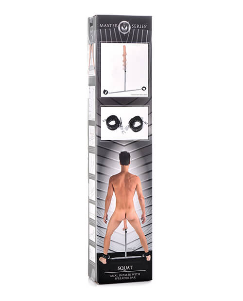 Packaging for the Master Series Squat Impaler. It shows a person squatting on top of the dildo to showcase how the Impaler functions. | Kinkly Shop