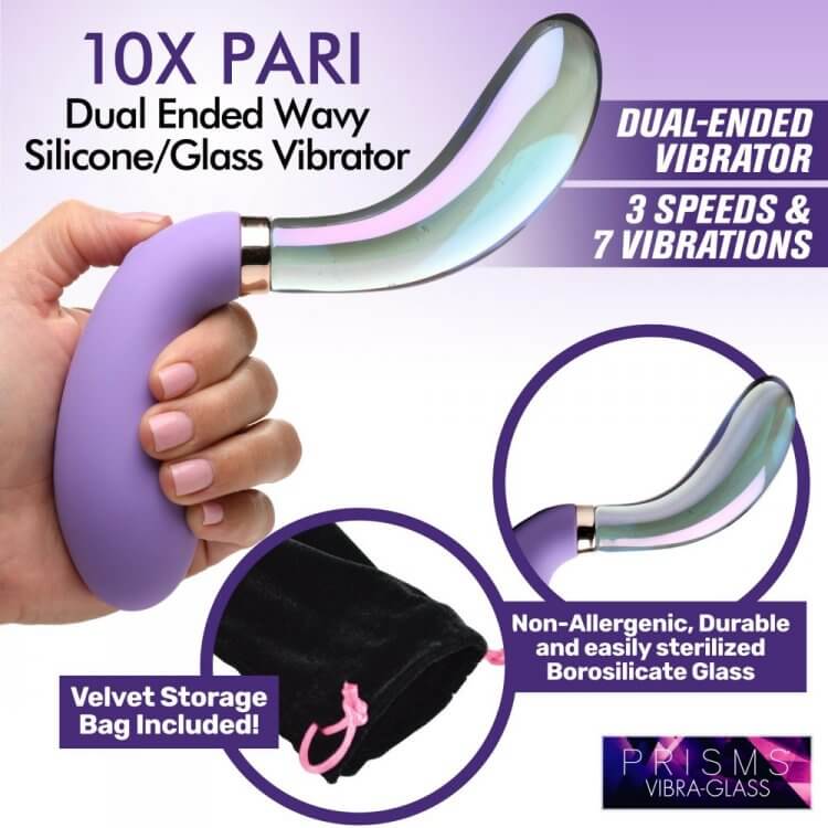 An advertising image that displays the different features of the XR Brands Prisms Vibra-Glass Pari. There is a lot of text on it. The words on the image read: "10X Pari Dual Ended Wavy Silicone/Glass Vibrator. Dual-Ended Vibrator. 3 Speeds & 7 Vibrations. Non-allergenic, durable, and easily sterilized borosilicate glass. Velvet storage bag included!" | Kinkly Shop