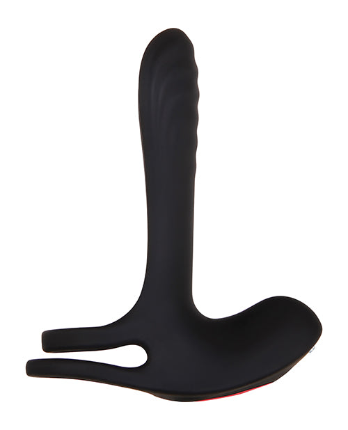 A side profile of the Zero Tolerance Vibrating Girth Enhancer Extension. It shows the dual straps for stability, the texture on the penis vibrator shaft, and the protruding clitoral bump for added pleasure. | Kinkly Shop