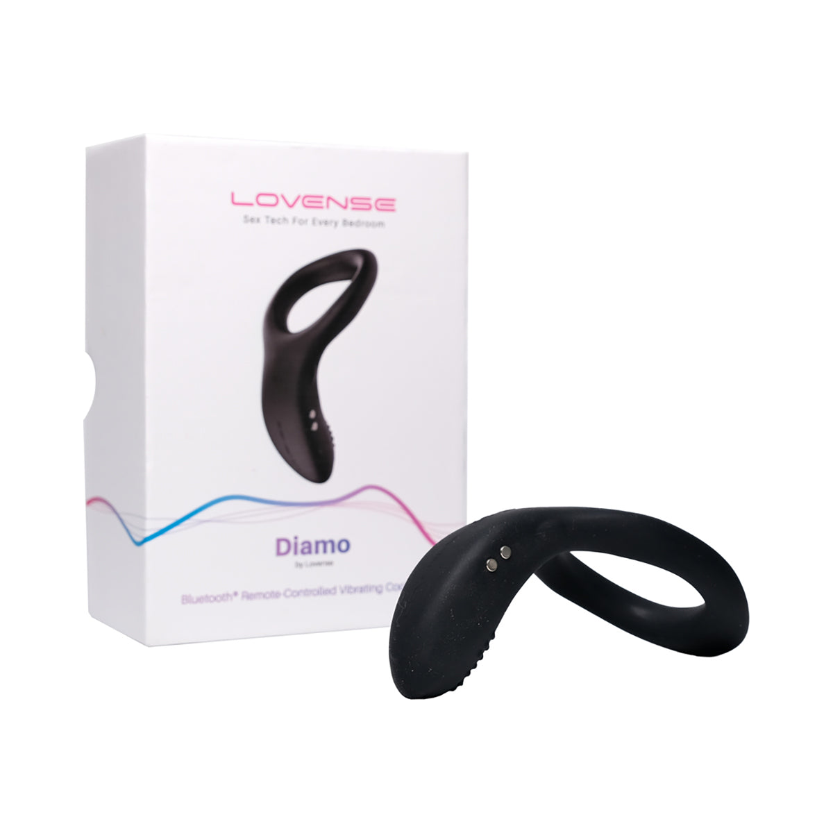 The packaging for the Lovense Diamo Vibrating Cock Ring with the Diamo cock ring in front of the packaging | Kinkly Shop