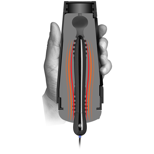 The Main Squeeze - Warming Accessory shown inside of a cross-section of a Main Squeeze stroker. It shows that the warming accessory is long enough to warm up the majority of the Main Squeeze's internal length. | Kinkly Shop