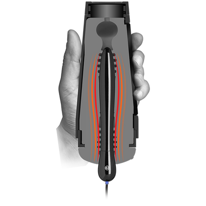 The Main Squeeze - Warming Accessory shown inside of a cross-section of a Main Squeeze stroker. It shows that the warming accessory is long enough to warm up the majority of the Main Squeeze's internal length. | Kinkly Shop