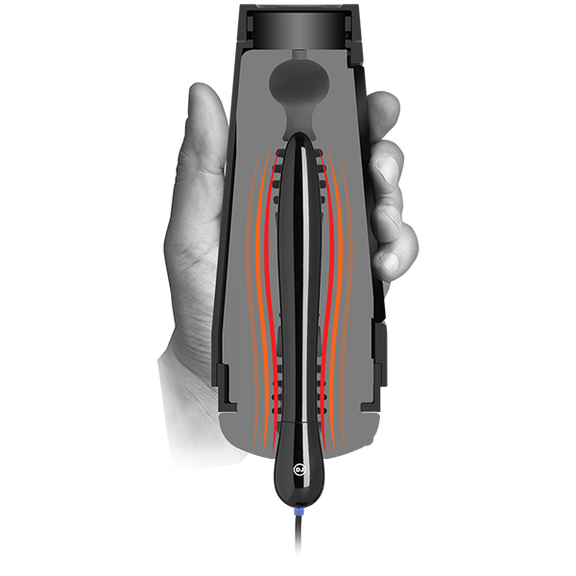 The Main Squeeze - Warming Accessory shown inside of a cross-section of a Main Squeeze stroker. It shows that the warming accessory is long enough to warm up the majority of the Main Squeeze's internal length. | Kinkly Shop