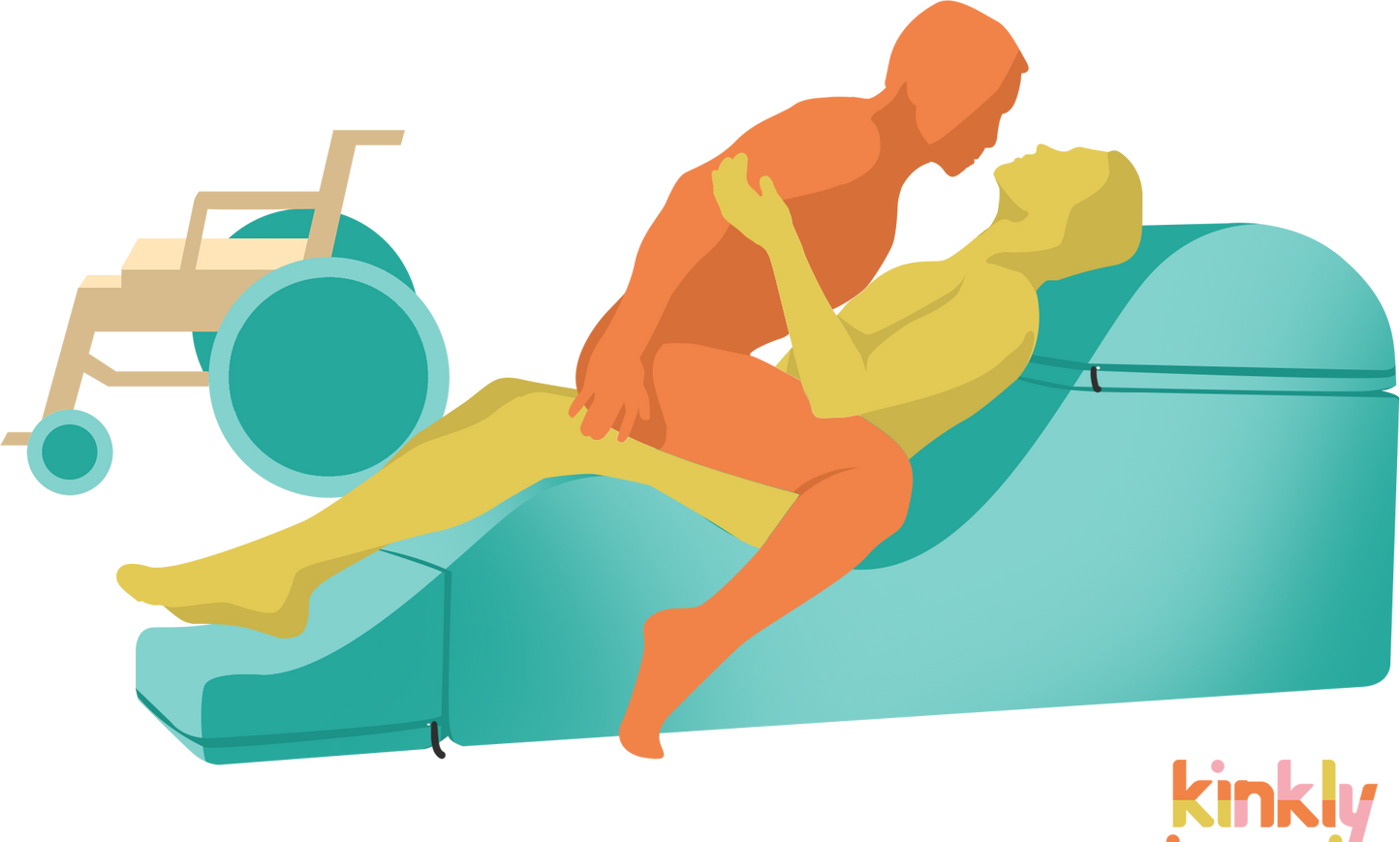 Illustration for the Crotch Rocket sex position on the Liberator Aria Flip Chaise. The penetrating partner is sitting in the lowest curve of the chaise. The receiving partner is straddling the penetrating partner's hips, feet on the floor on both sides of the Aria. | Kinkly Shop