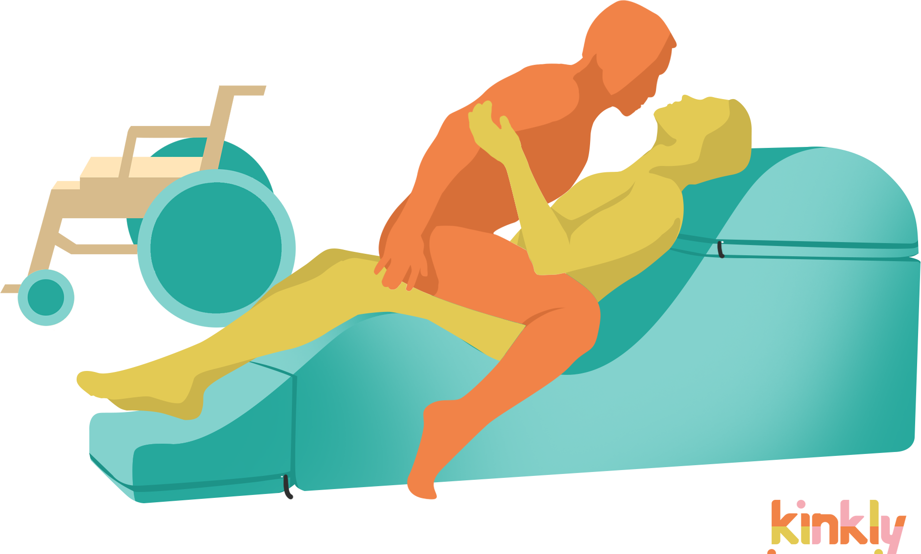 Illustration for the Crotch Rocket sex position on the Liberator Aria Flip Chaise. The penetrating partner is sitting in the lowest curve of the chaise. The receiving partner is straddling the penetrating partner's hips, feet on the floor on both sides of the Aria. | Kinkly Shop