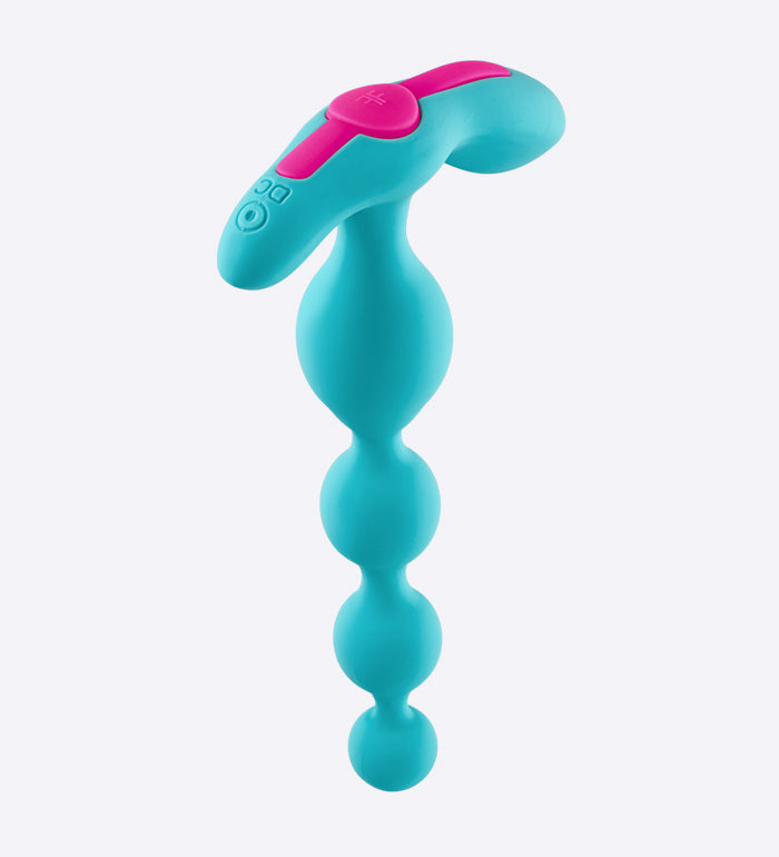 Close-up of the base of the FemmeFunn Funn Beads. From this angle, the DC charging port is visible, and the single button to control the vibrations can also be viewed. The base is long and thin like a t-shaped base instead of a circular base. | Kinkly Shop