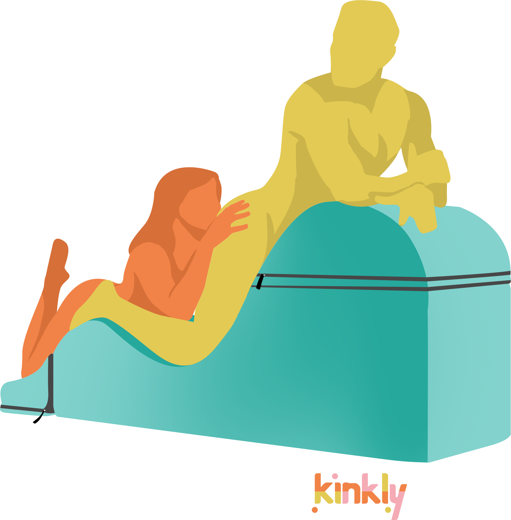 Illustration for the Indulgent Snacking position on the Liberator Aria Flip Chaise. The receiving partner is kneeling on the chaise, their upper body supported by the tallest hump. The giving partner is kneeling from behind, giving rimming to the receiver. | Kinkly Shop