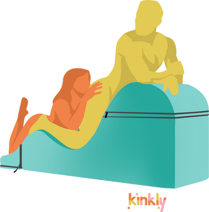 Illustration for the Indulgent Snacking position on the Liberator Aria Flip Chaise. The receiving partner is kneeling on the chaise, their upper body supported by the tallest hump. The giving partner is kneeling from behind, giving rimming to the receiver. | Kinkly Shop