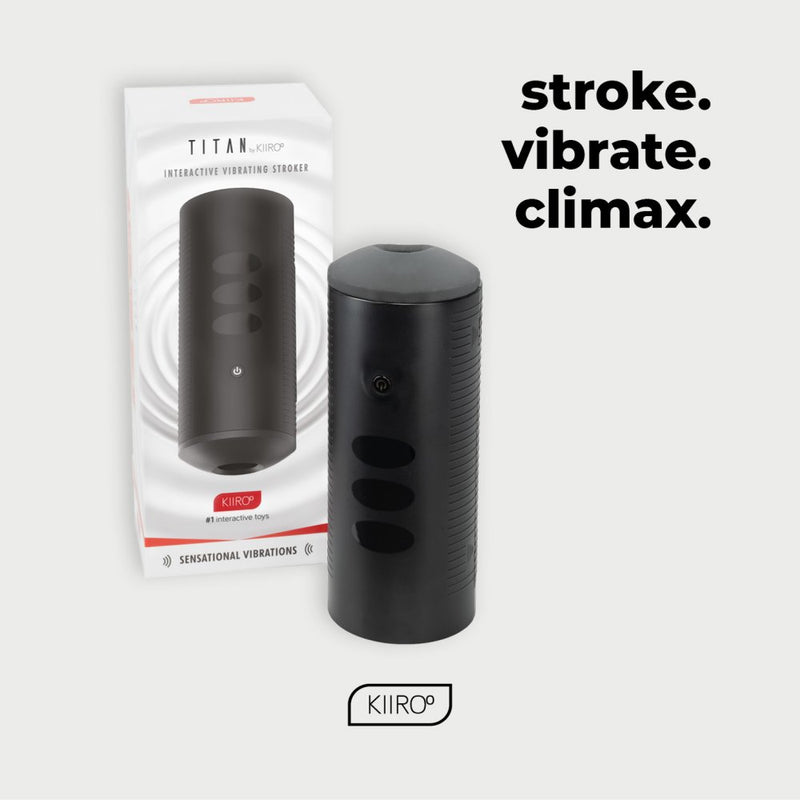 The KIIROO Titan Interactive Vibrating Stroker sitting out right next to the box that it comes in. The text next to the stroker reads "Stroke. Vibrate. Climax." | Kinkly Shop
