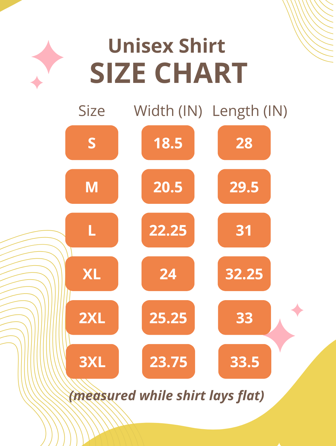 Size chart in Inches for the t-shirt. In width, measured while the shirt lays flat. Small: 18.5", Medium: 20.5", Large: 22.25", Extra-Large: 24", 2 Extra-Large 25.25", 3 Extra-Large: 26.75". | Kinkly Shop