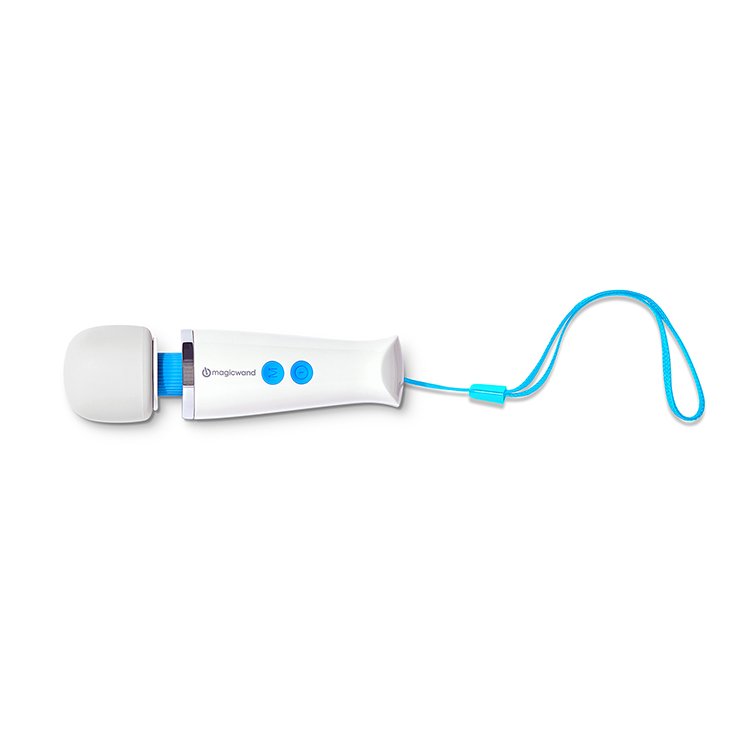 A top down view of the Magic Wand Micro wand massager vibrator up against a white background. It is very short length, looking like a cute mini Magic Wand. | Kinkly Shop