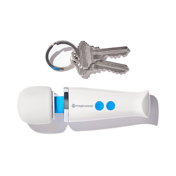 The Magic Wand Micro wand massager vibrator next to a set of two standard keys on a key ring. Two keys laid next to each other, tip to tip, would be the exact length of the Mini. It's slightly thicker than the size of a key. | Kinkly Shop