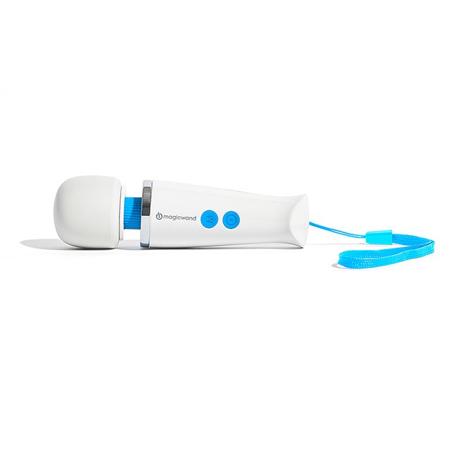 The Magic Wand Micro wand massager vibrator in a white background. The tiny wand massager has color-matching blue wrist strap attached to the base of the vibrator. | Kinkly Shop