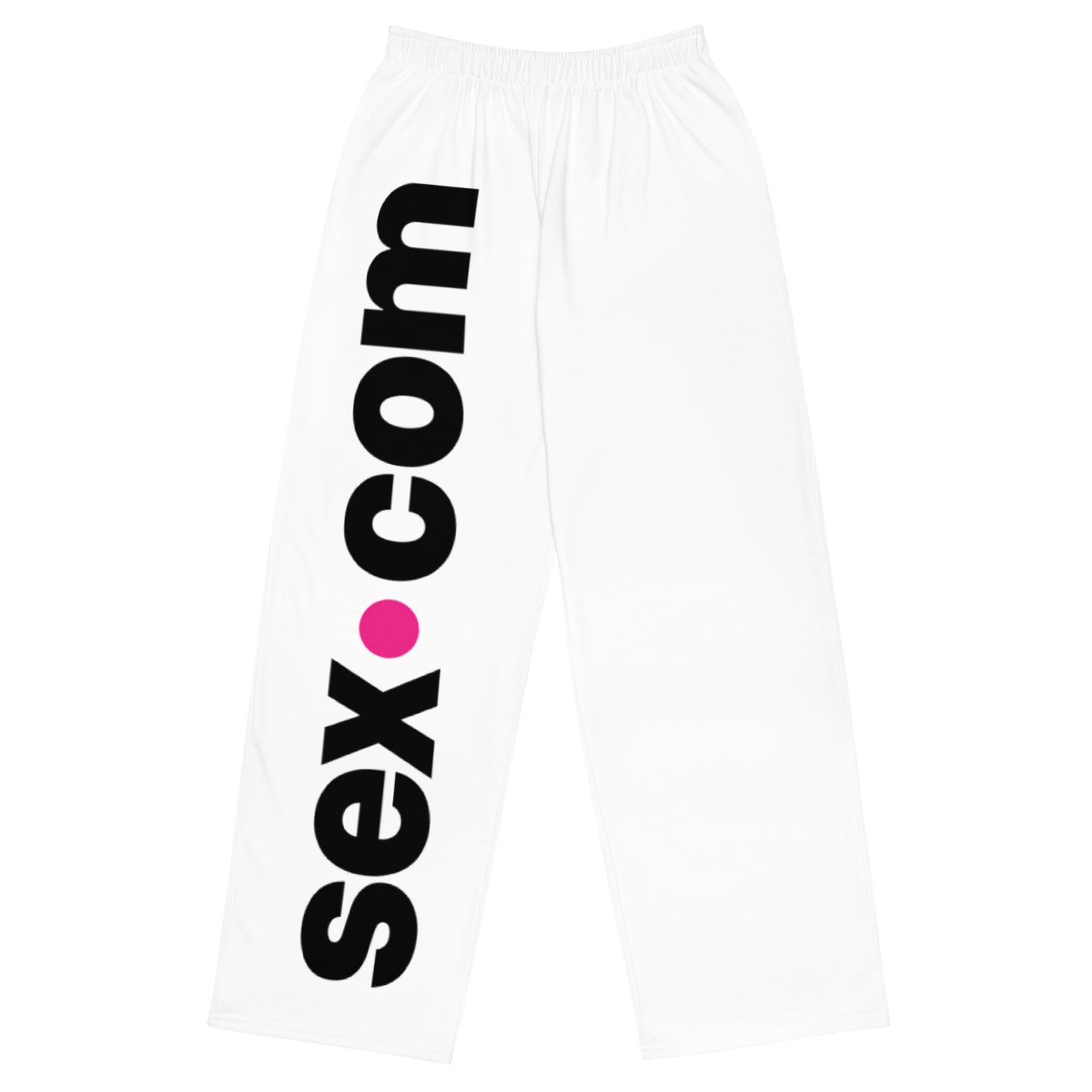 The Sex.com Unisex Pajamas Pants lay flat against a white background, showcasing the front of the pants. The Sex.com is very large and runs the entire length of a leg. | Kinkly Shop