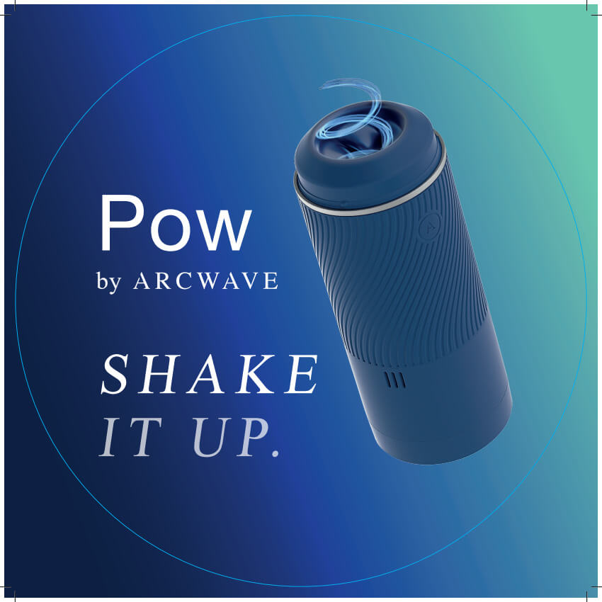 An illustrated swirl exits the end of the Arcwave Pow, showcasing the pleasure and texture inside of the stroker. Text on the image reads: "Pow by Arcwave. Shake it Up" | Kinkly Shop