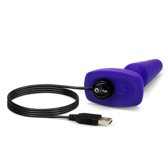 Close-up of the base of the b-Vibe Remote Trio Plug in purple. The magnetic charging cable is connected to the magnetic charging port at the base of the plug. The other side of the charging cord is a USB. | Kinkly Shop