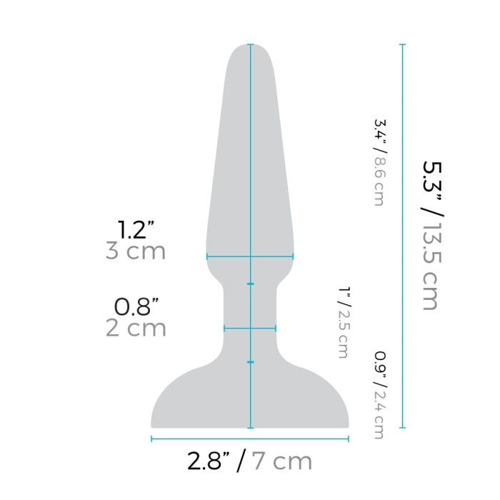 An outline of the b-Vibe Remote Trio Plug with all of the measurements superimposed over the shape of the toy. All of the measurements are within the product description. | Kinkly Shop