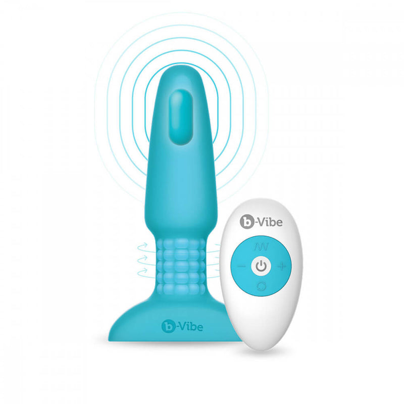 b-Vibe Rimming Plug 2 shown in front of a white background with a semi transparent shaft. This showcases the vibration motor in the tip of the plug as well as the rotating beads that are within the retention area of the plug for extra sensations. | Kinkly Shop