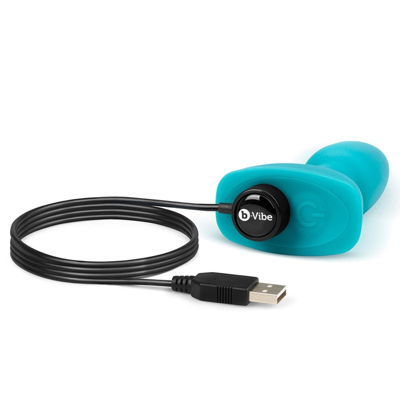 Close-up of the b-Vibe Petite Rimming Plug's base. The magnetic charging cable is adhered to the base of the plug on the magnetic charging ports. The other end of the charging cable is a USB. | Kinkly Shop