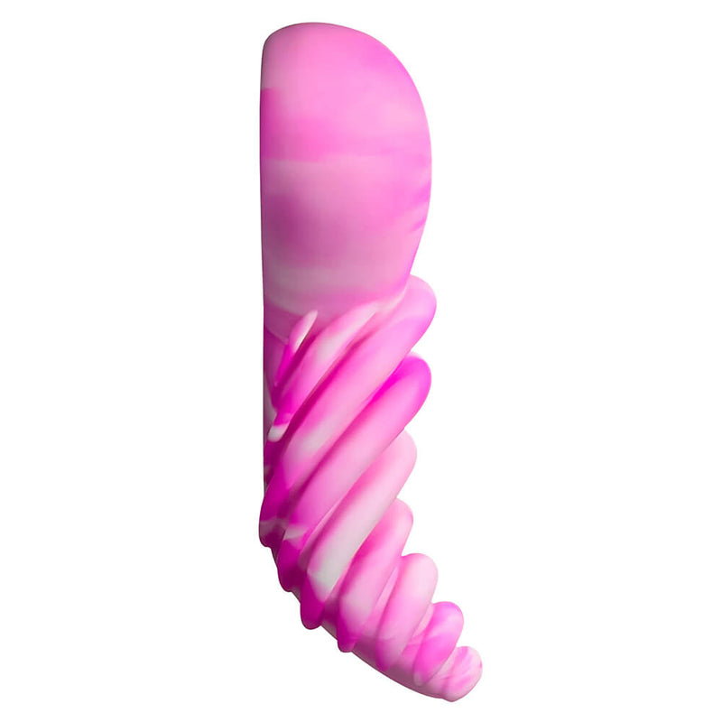A side profile of the LuvGrind. The grinder portion is slightly curved with a ribbed texturing. The dildo base covering portion looks plushy and soft. | Kinkly Shop