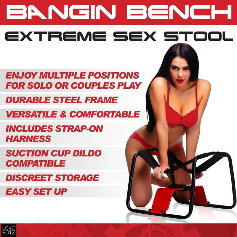 Promotional image shows a person leaning on top of the elastic straps of the XR Bangin' Bench, showcasing how flexible they are. Featured text on the image reads: "Enjoy multiple positions for solo or couples play. Durable steel frame. Versatile and comfortable. Includes strap-on harness. Suction cup dildo compatible. Discreet storage. Easy set up." | Kinkly Shop