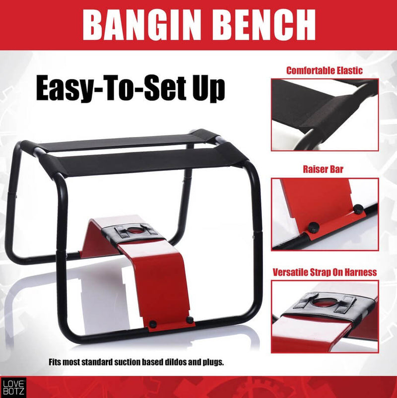 Collage image for the XR Bangin' Bench. It shows multiple views of the Bench. Text on the image includes: "Easy to Set Up, Fits most standard suction based dildos and plugs. Comfortable elastic. Raiser bar. Versatile strap on harness." | Kinkly Shop