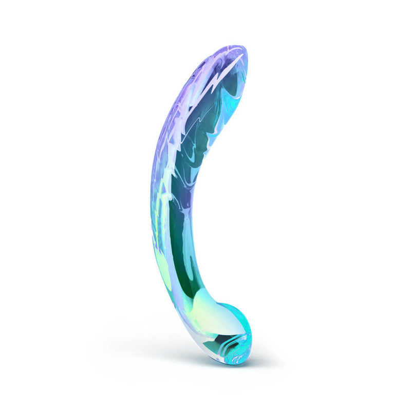Biird Kalii g-spot dildo in front of a plain white background. It looks like a swirling, blue, translucent color with soft, rounded edges. | Kinkly Shop