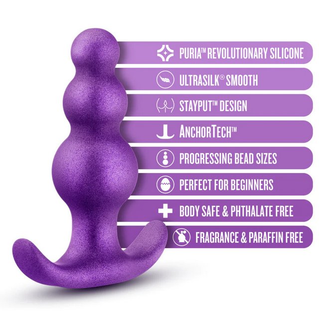 The Blush Avant Plugs in Supernova Purple shown next to a text list of features for the toy. Features include: Puria Revolutionary Silicone, Ultrasilk Smooth, Stayput Design, AnchorTech, Progressing Bead Sizes, Perfect for Beginners, Body-Safe, Phthalate-free, Fragrance and Paraffin-Free. | Kinkly Shop