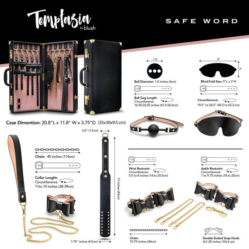 An informational panel showcasing information about the case, leash, paddle, wrist cuffs, ankle cuffs, blind fold, and ball gag. All of the measurements and information shown here are included within the text descriptions for the product. | Kinkly Shop