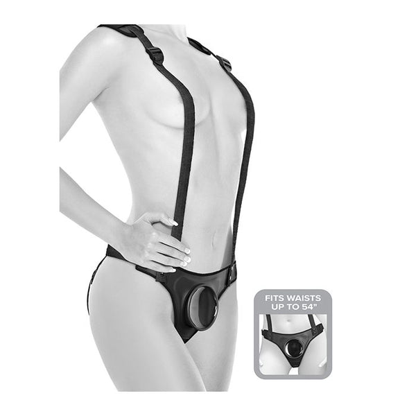 A person wears the Body Dock Suspender Strap-on Harness at a 3/4ths angle to showcase how it fits. Their nipples are hidden behind the nylon shoulder straps. Text on the image reads "Fits waists up to 54"" | Kinkly Shop