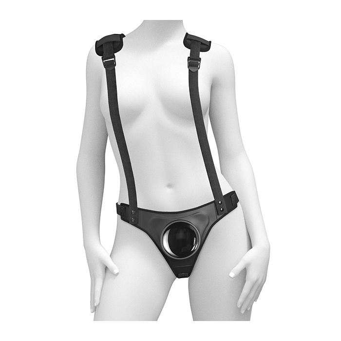 A mannequin wears the Body Dock Suspender Strap-on Harness. The Body Dock Suction Cup plate is positioned towards the front of the body, a few inches below the belly button. | Kinkly Shop