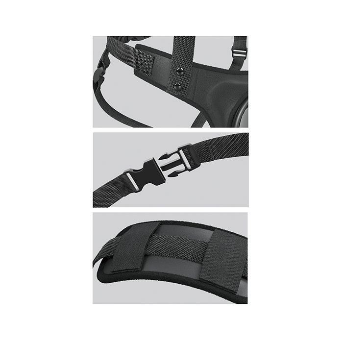 Close-up of various aspects of the Body Dock Suspender Strap-on Harness. One image shows the snap buttons that make the shoulder straps removable while another shows the snap buckles that make up the hip straps. Another image shows the protective shoulder straps to reduce the nylon straps digging into the shoulders with any weight. | Kinkly Shop