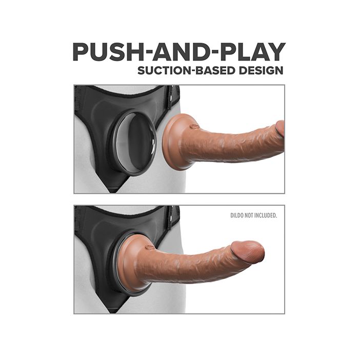 Two images, side-by-side, show a suction cup dildo being adhered to the Body Dock Suspender Strap-on Harness. In the first image, a suction cup dildo is shown near the suction cup base while the second image shows the dildo successfully adhered to the shiny suction cup base plate. The text on the image reads "Push-and-Play Suction-Based Design". Dildo not included. | Kinkly Shop