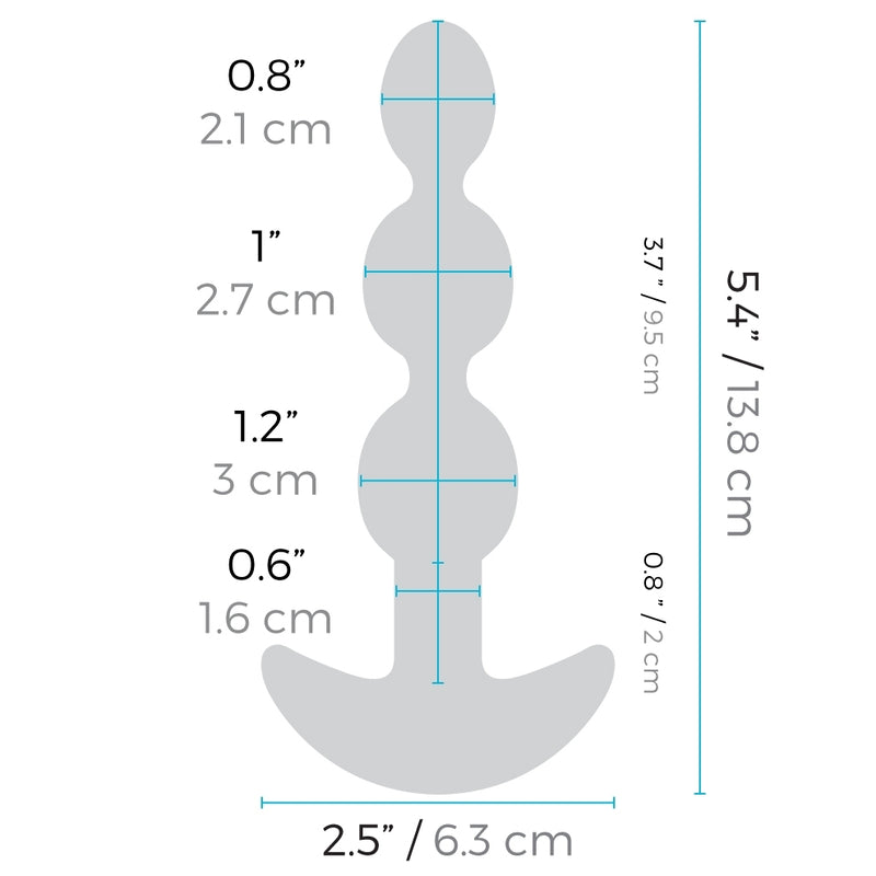 An outline of the b-Vibe Triplet Anal Beads with the measurements of the plug superimposed overtop of the beads. All of the measurements can be found within the product description. | Kinkly Shop