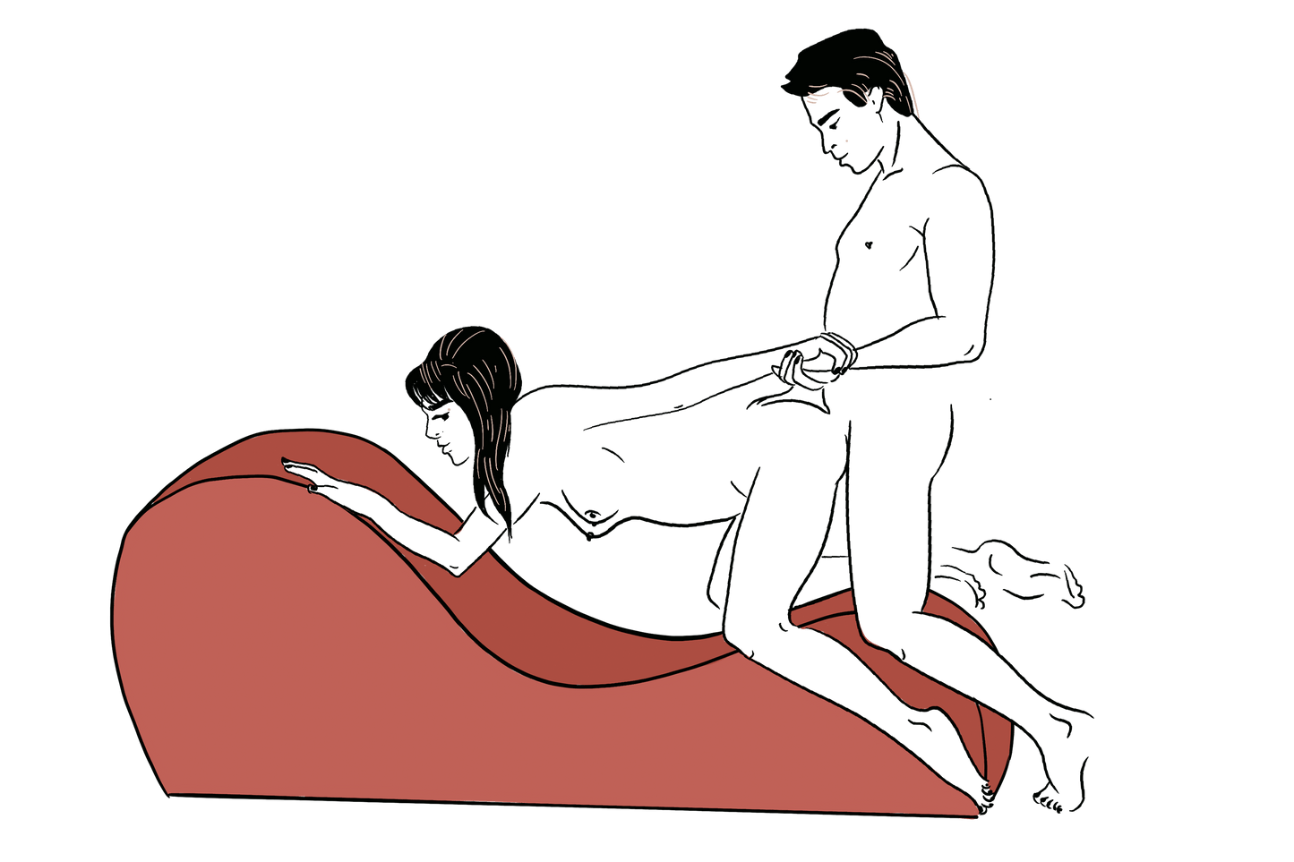 An illustrated sex position showing the Liberator Cello Chaise. The receiving partner is kneeling on the lowest swell with their arms on the tallest swell to support their body. The penetrating partner is standing at the edge of the Cello, straddling the shape, at the perfect height to penetrate their partner. | Kinkly Shop