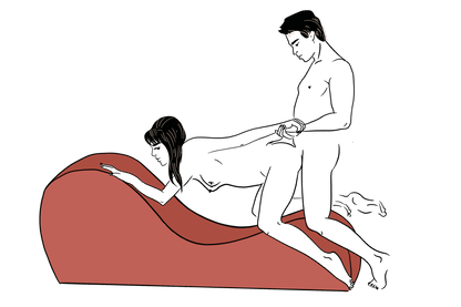 An illustrated sex position showing the Liberator Cello Chaise. The receiving partner is kneeling on the lowest swell with their arms on the tallest swell to support their body. The penetrating partner is standing at the edge of the Cello, straddling the shape, at the perfect height to penetrate their partner. | Kinkly Shop