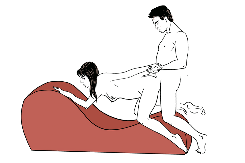 An illustrated sex position showing the Liberator Cello Chaise. The receiving partner is kneeling on the lowest swell with their arms on the tallest swell to support their body. The penetrating partner is standing at the edge of the Cello, straddling the shape, at the perfect height to penetrate their partner. | Kinkly Shop