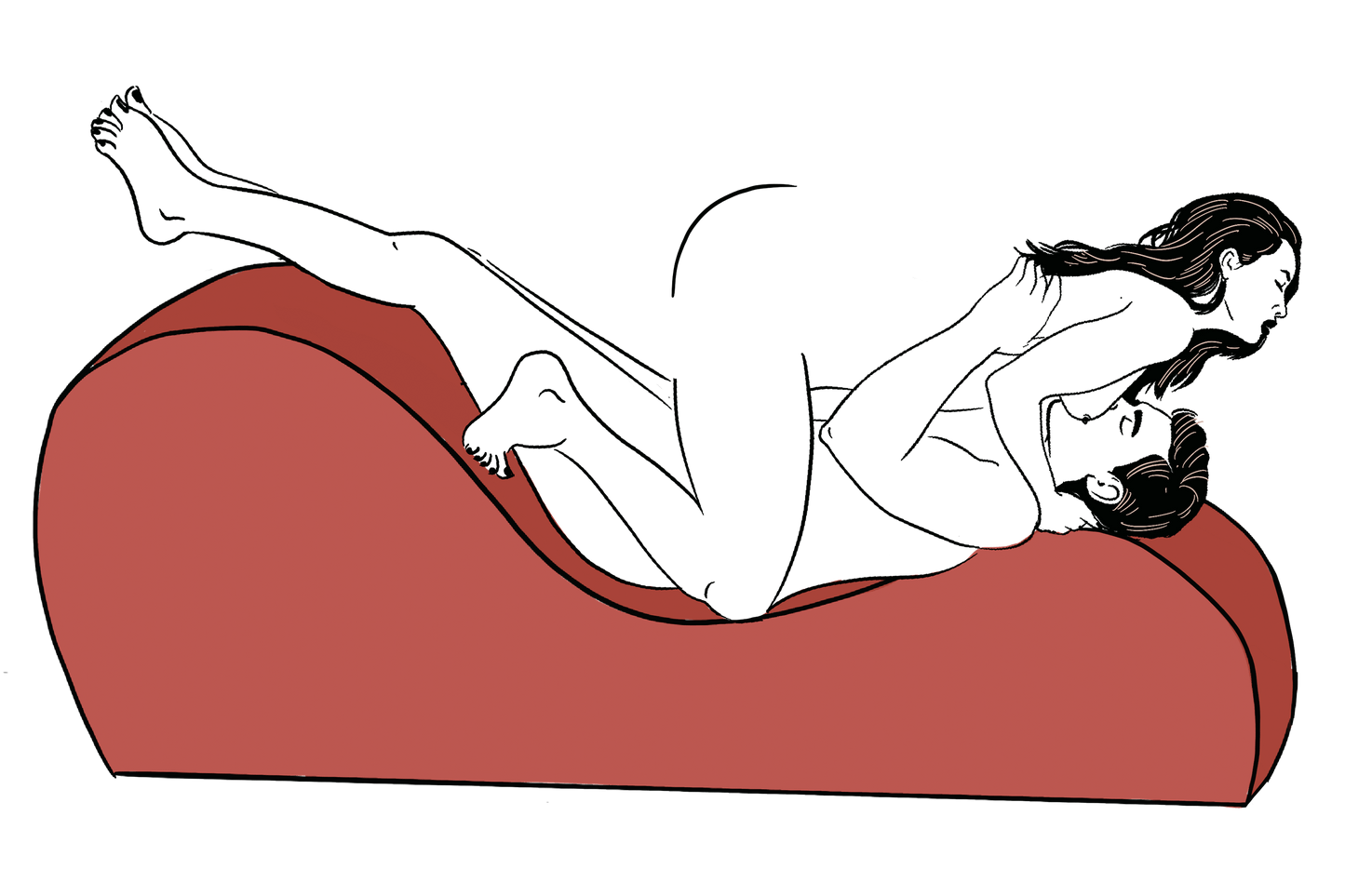 An illustrated sex position on top of the Liberator Cello Chaise. The penetrating partner is laying on their back on top of the Cello with their head on the lowest swell and their feet on the tallest swell. The receiving partner is kneeling on top of the Cello with their knees on either side of the penetrating partner's hips to facilitate penetration. The penetrating partner is sucking on the chest of their partner on top. | Kinkly Shop