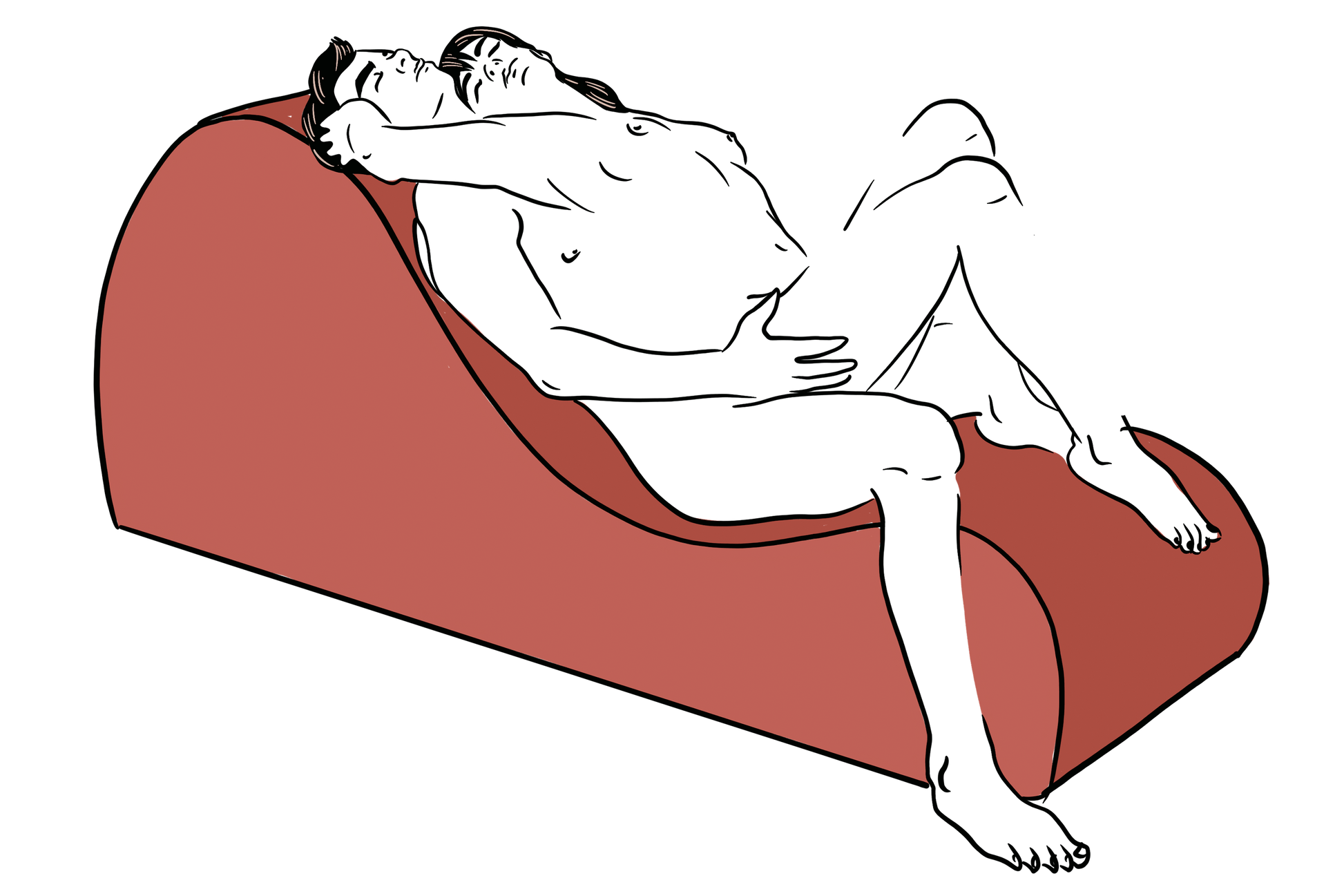 An illustrated sex position with the Liberator Cello Chaise. The penetrating partner is sitting at the shortest dip of the Cello with their upper back supported by the tallest swell. The receiving partner is splayed out on top of the penetrating partner, using the lowest swell as a non-slip surface for their feet to facilitate intercourse. | Kinkly Shop