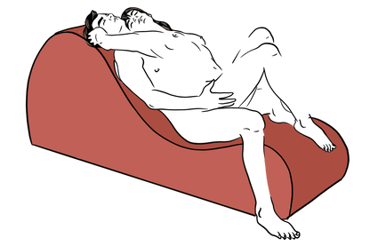 An illustrated sex position with the Liberator Cello Chaise. The penetrating partner is sitting at the shortest dip of the Cello with their upper back supported by the tallest swell. The receiving partner is splayed out on top of the penetrating partner, using the lowest swell as a non-slip surface for their feet to facilitate intercourse. | Kinkly Shop