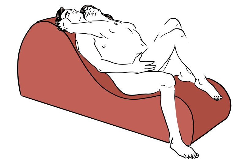An illustrated sex position with the Liberator Cello Chaise. The penetrating partner is sitting at the shortest dip of the Cello with their upper back supported by the tallest swell. The receiving partner is splayed out on top of the penetrating partner, using the lowest swell as a non-slip surface for their feet to facilitate intercourse. | Kinkly Shop