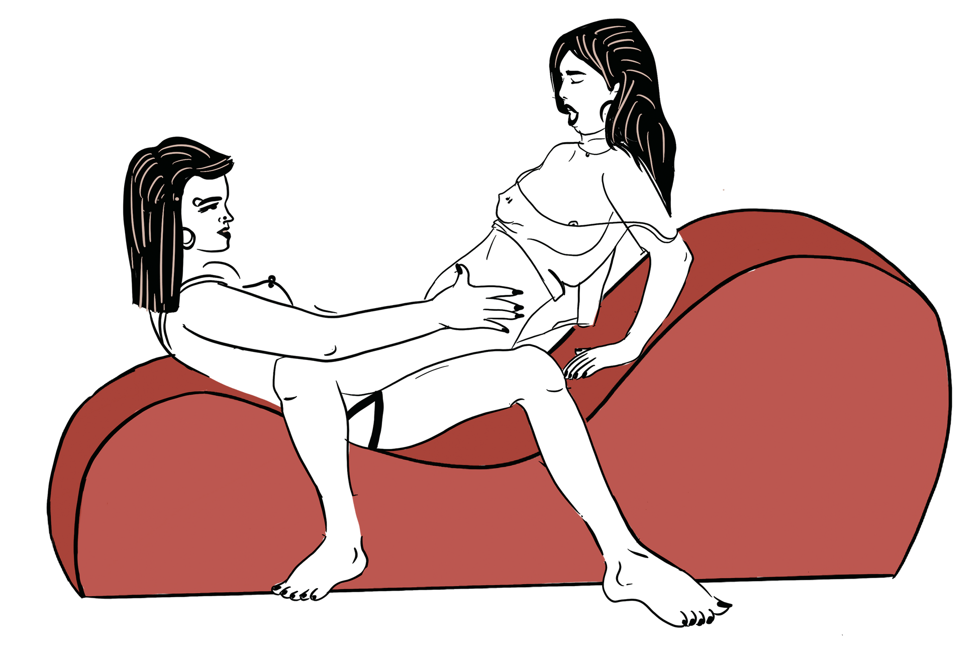 An illustrated sex position with the Liberator Cello Chaise. The giving partner is sitting at the lowest point on the Cello with their upper body lightly supported by the lowest swell. The receiving partner is straddling their partner, facing their partner, and using the largest swell to support their back and upper arms as they lean backawards in this cowgirl-esque position. | Kinkly Shop