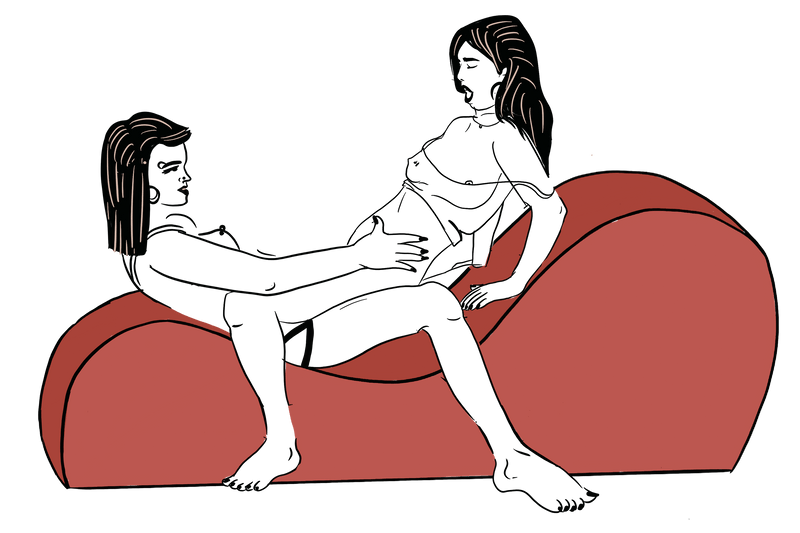 An illustrated sex position with the Liberator Cello Chaise. The giving partner is sitting at the lowest point on the Cello with their upper body lightly supported by the lowest swell. The receiving partner is straddling their partner, facing their partner, and using the largest swell to support their back and upper arms as they lean backawards in this cowgirl-esque position. | Kinkly Shop