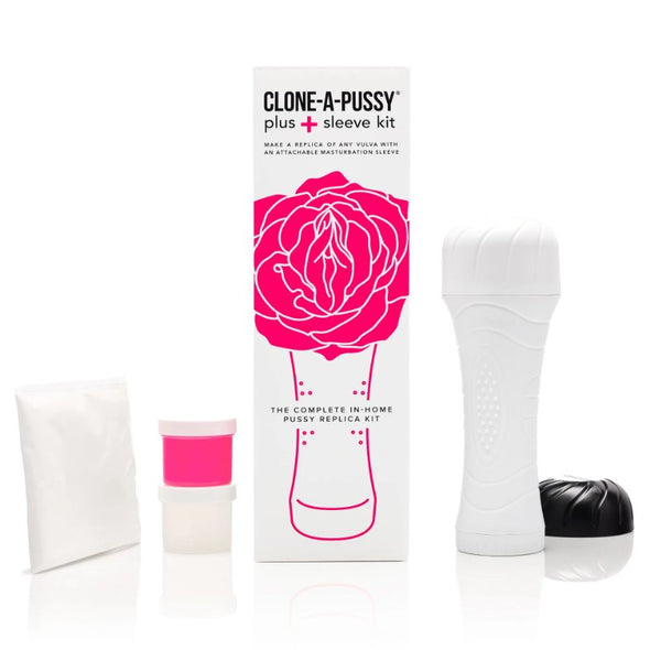 Everything included with the Clone-A-Pussy Plus+ Sleeve Kit laid out against a plain white background | Kinkly Shop